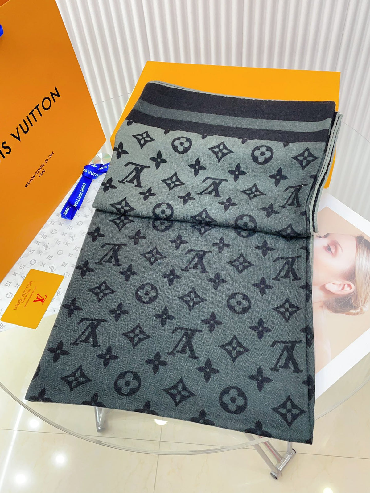 Women's Luxury Monogram Print Large Scarf - Grey and Black Oversized Shawl Wrap Fashion Accessory