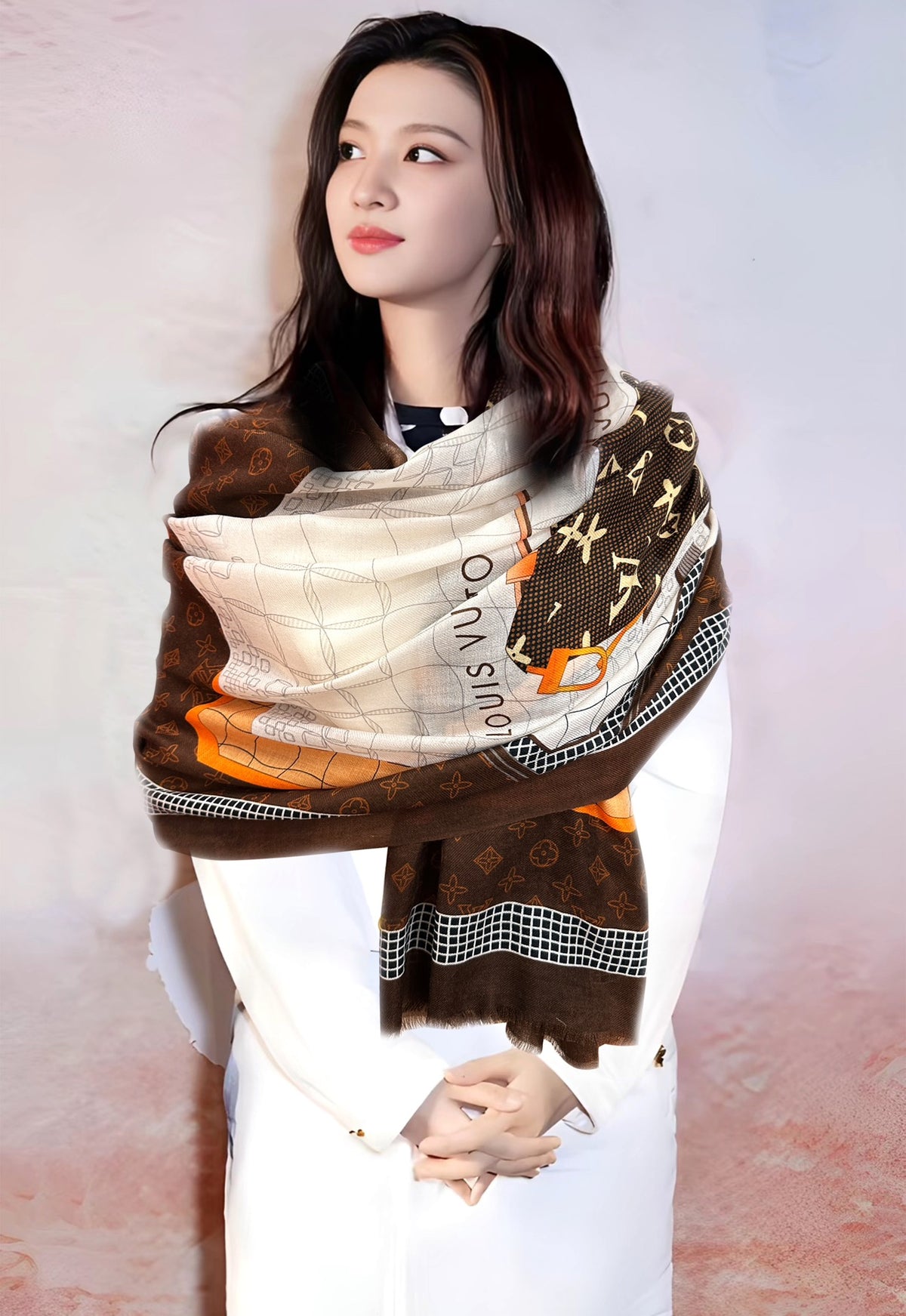 Women's Brown and Cream Patterned Luxury Pashmina Shawl Scarf - Large Soft Wrap Winter Neck Warmer