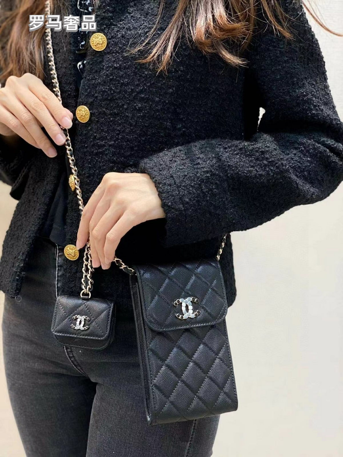 Women's Black Quilted Phone Crossbody Bag with Matching Airpods Pouch and Chain Strap