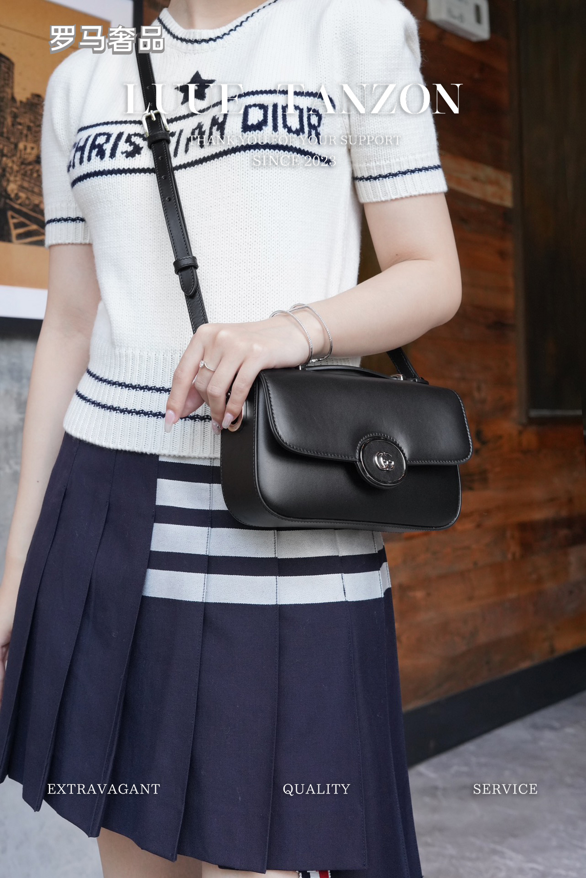 Women's Black Leather Crossbody Shoulder Bag with Silver Round GG Clasp